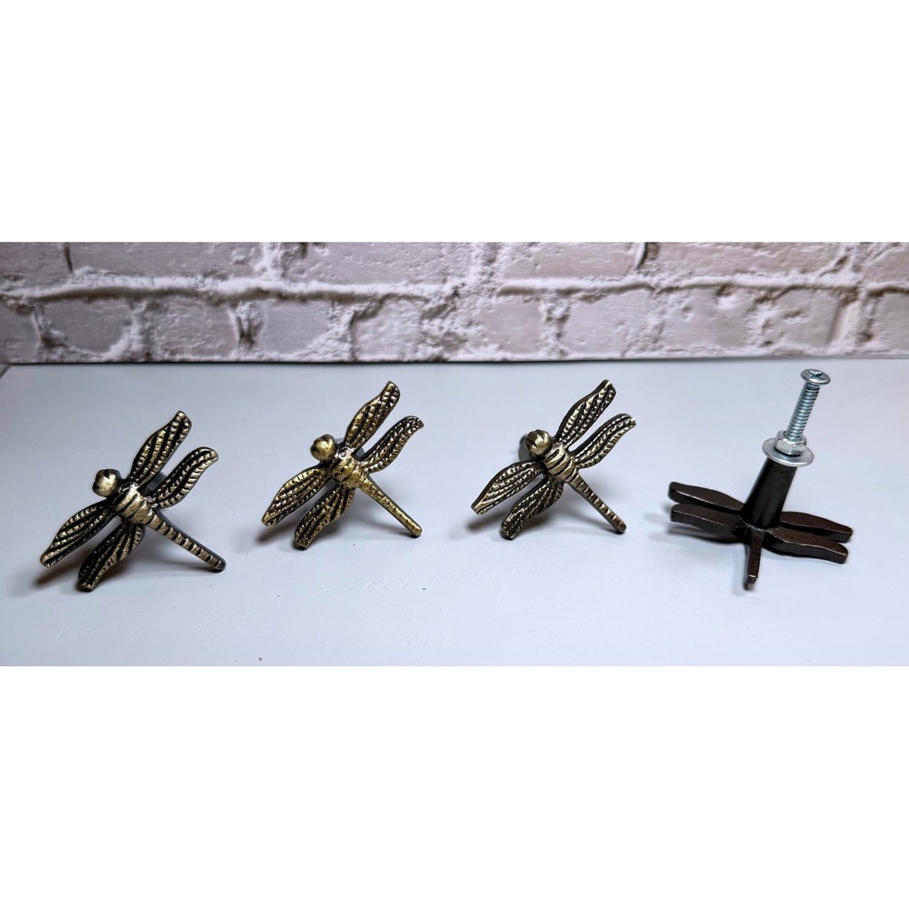 Set of 4 Dragonfly Drawer Knobs Antique Brass Tone Cabinet Dresser Hardware